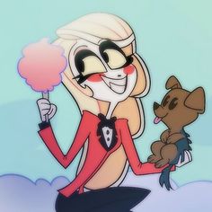 a cartoon character holding a small dog in her hand