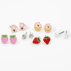 These mixed earrings are all about sweet vibes! Set of earrings include six pairs featuring different strawberries and more strawberries! Finish: Silver-tone Closure: Post back Pack Size: 6 Material: Metal - Claire's Strawberry Motif Stud Earrings - 6 Pack Trendy Pink Fruit Design Earrings, Mixed Earrings, Sweet Vibes, Picture Puzzles, Fashionable Jewelry, Gold Rush, Cute Pins, Jewelry And Accessories, Stud Earrings Set