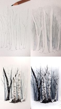 four different pictures of trees in the snow with pencils on them, and one is drawn