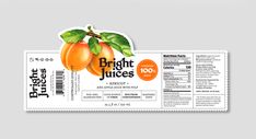 a ticket for bright juices with peaches on the front and back, sitting on a gray background