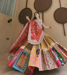 #fashion #lehenga Patchwork Lehenga, Multicolored Lehenga, Fashion Lehenga, Function Dress, Garba Outfit, Function Dresses