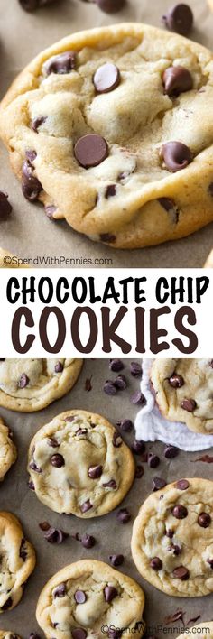 chocolate chip cookies on a baking sheet with text overlay that reads, chocolate chip cookies