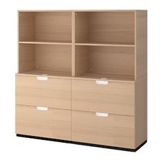 an open bookcase with two drawers and three doors on each side, in light wood