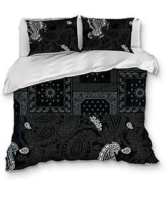 black and white bedding with paisley designs