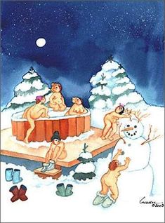 a painting of people in the snow having a hot tub