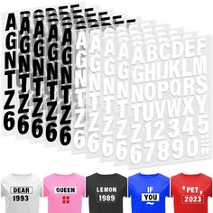 an assortment of t - shirts with the letters and numbers printed on them, all in different colors