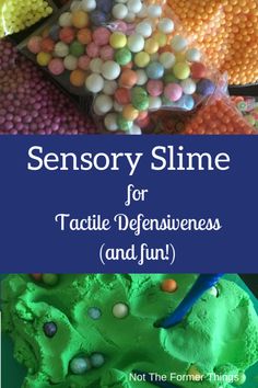 the words, sensory slime for tasty defense and fun are in front of colorful candies