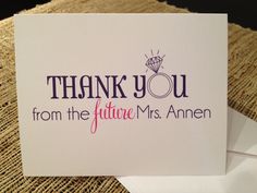 thank you from the future mrs amen card on top of a table with envelope