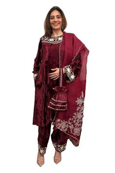 Wine makhmal kurta with floral and thread embroidery. Comes with pant and a pure silk organza dupatta. - Aza Fashions Kurta Pant Set, Floral Set, Luxury Sale, Buy Wine, Organza Dupatta, Kurta With Pants, Thread Embroidery, Silk Organza, Fashion App