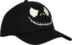 Show your holiday spirit with this Nightmare Before Christmas snapback hat. The cap comes in black and features an image of Jack Skellington's eyes and mouth. The design glows in the dark for some frightful fun. The hat comes with a stretch sweatband and an adjustable snapback feature to help you find the best fit. The cap is made with high-quality stretch polyester materials and measures 58 cm. Fans of the Nightmare Before Christmas movie will love this comfy cap.•OFFICIALLY LICENSED: This Nigh Halloween Black Snapback Baseball Cap, Black Halloween Snapback Baseball Cap, Black Snapback Baseball Cap For Halloween, Black Halloween Trucker Hat, Black Snapback Cap For Halloween, Black Snapback Trucker Hat For Halloween, Novelty Black Flat Bill Baseball Cap, The Nightmare Before Christmas Movie, Nightmare Before Christmas Movie