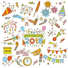 colorful new year's eve clipart with fireworks, balloons, streamers and confetti