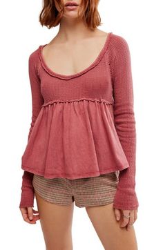 This comfy thermal-knit top is punctuated with a flouncy hem for a sweet silhouette. 21 1/2" length Scoop neck Long sleeves 100% cotton Machine wash, line dry Imported Free Spirit Style, Favorite Daughter, Thermal Top, Maternity Shops, Babydoll Top, Designer Clothes For Men, Modern Outfits, Lower Body, Women's Summer Fashion