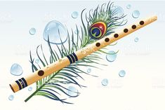 an illustration of a musical instrument in the air with water bubbles and a feather on it