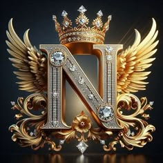 the letter n is surrounded by gold and crystal jewels, with an ornate crown on top