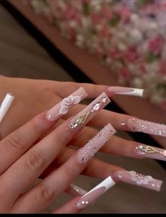 Xv Makeup Ideas Pink, Pink Long Nails With Diamonds, Quince Nail Ideas, French Tip Acrylic Nails