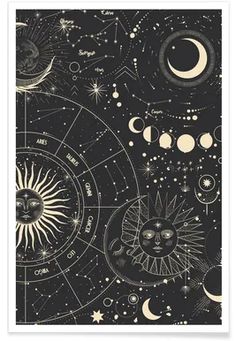 a black and white poster with the sun, moon and stars on it's sides