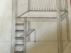 a drawing of a stair case next to a window