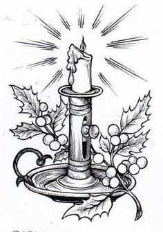 an ink drawing of a candle on a plate with holly leaves and berries around it