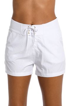 These drawstring-laced board shorts are perfect for riding the waves or lounging at the pool. 3 1/2" inseam; 25" leg opening; 11 1/2" front rise; 15 1/2" back rise (size Medium) Lace-up closure Front slant pockets 88% polyester, 12% elastane Hand wash, line dry Imported Affordable White Casual Swim Trunks, Cheap White Stretch Swim Trunks, Vacation Swim Trunks With Elastic Waistband, Solid Bermuda Bottoms For Beach, Solid Bermuda Beach Bottoms, Functional Drawstring Shorts For Pool And Beach Season, Beach Bottoms With Tie-side And Functional Drawstring, Casual Tie-side Pool Bottoms, Casual Swimming Tie-side Bottoms