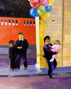 an oil painting of people on the street with balloons in the air and one woman holding a child