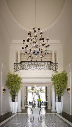 an elegant foyer with chandelier and potted plants