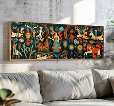 a painting on the wall above a couch in a living room with white furniture and plants