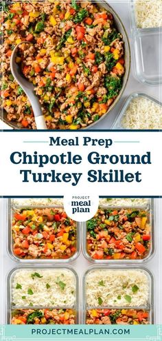 meal prepped for chipotle ground turkey skillet with rice and vegetables in separate containers