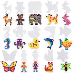 an assortment of beaded animal designs on white background, including one with different colors and shapes