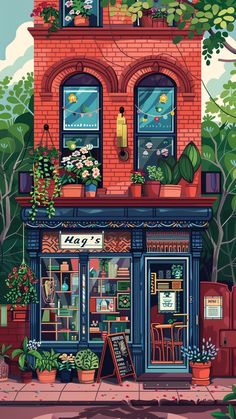 a painting of a store front with lots of plants on the windows and flowers in pots