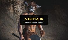 The muscular bodybuilder man with angry Minotaur body art with axe in cave. Bull Symbol, Ancient Greek Mythology, The Labyrinth