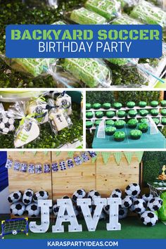 backyard soccer birthday party with cupcakes, cookies and treats on the table in blue and green