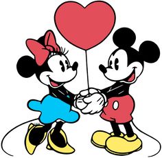 mickey and minnie holding hands with a heart shaped balloon