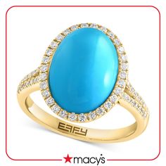 A gorgeous cabochon turquoise is set amidst sparkling halo and accent diamonds in this exquisite ring from Effy Oval Turquoise Ring In Yellow Gold With Diamond, Oval Turquoise Ring With Diamond Accents For Anniversary, Oval Turquoise Ring With Center Stone For Anniversary, Oval Halo Ring, Gold Sign, Halo Ring, Halo Rings, Blue Rings, Halo