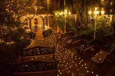 an outdoor area with benches and lights on the ground at night, surrounded by greenery