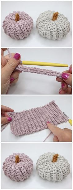 crocheted pumpkins are being made with yarn