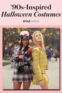 two women in plaid outfits with the words 90's inspired halloween costumes on them