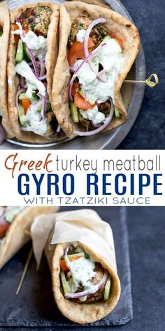 greek turkey meatball gyro recipe with tzatzhaki sauce on a plate