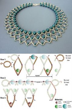 the instructions for beaded necklaces are shown in two different colors and sizes, including green