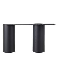 two black pedestals sitting next to each other on top of a white surface with one end