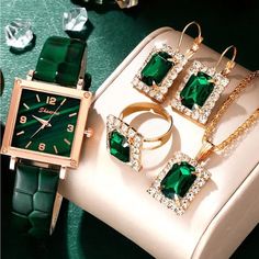 Beautiful Five Pieces Jewelry Including Watches Rhinestone Around It With A Green Big Stone Goldplated New With Tag Earring, Necklaces, And Ring Plus Leather Watches Rhinestone Ornaments, Watches Women Leather, Blue Square, Rhinestone Jewelry, Black Square, Women's Watch, Blue Rhinestones, Styl Vintage, Quartz Watch