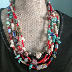 Loads of color in this handmade necklace with vintage American turquoise beads and a wide variety of beautiful African trade beads from the early 1900s.  Some might be older than that.  I finished it off with a beautiful filigree sterling silver clasp.   Bring history back to life with this timeless piece and get it for her now! VJR#519  Ready to ship immediately. Be sure to allow adequate time for delivery if this is a gift item. If you would like to see more unique items in VintageJewelsReborn, google  https://www.etsy.com/shop/VintageJewelsReborn Mexican Silver Jewelry, Vintage Jewelry Bracelets, Artisan Necklace, African Trade Beads, American Turquoise, Chunky Jewelry, Upcycled Jewelry, Trade Beads, Amber Jewelry