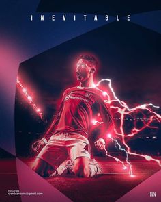 a man sitting on top of a soccer field with lightning in the sky behind him