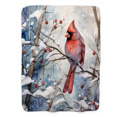 a painting of a cardinal perched on a tree branch in the snow with berries all around