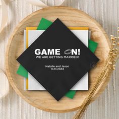 a black and white card that says game on, we are getting married