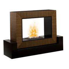 an image of a modern fireplace with wood and glass in the front, against a white background