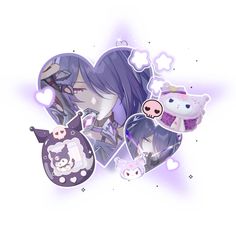 an anime character with purple hair holding a teddy bear and heart shaped cutouts