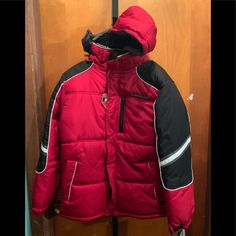 Brand New Boys Jacket Red Hooded Jacket With Pockets For Cold Weather, Red Fleece-lined Outerwear For Winter, Hooded Red Puffer Jacket For Outdoors, Red Hooded Puffer Jacket For Outdoor, Red Hooded Puffer Jacket With Pockets, Casual Red Outerwear For Winter Sports, Red Functional Hooded Outerwear, Red Hooded Functional Outerwear, Red Functional Hooded Jacket For Winter