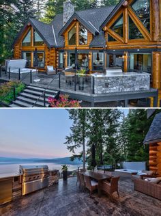 two pictures side by side one shows a house and the other shows an outdoor kitchen