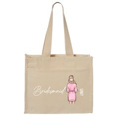 a tote bag with a drawing of a woman in a pink dress and the words bridesmaid on it