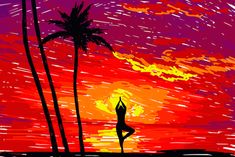 a painting of a woman doing yoga on the beach at sunset with palm trees in the background